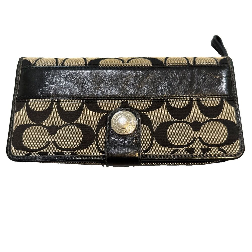 Coach Signature Jacquard Checkbook Wallet Black Leather Zip Around Organizer